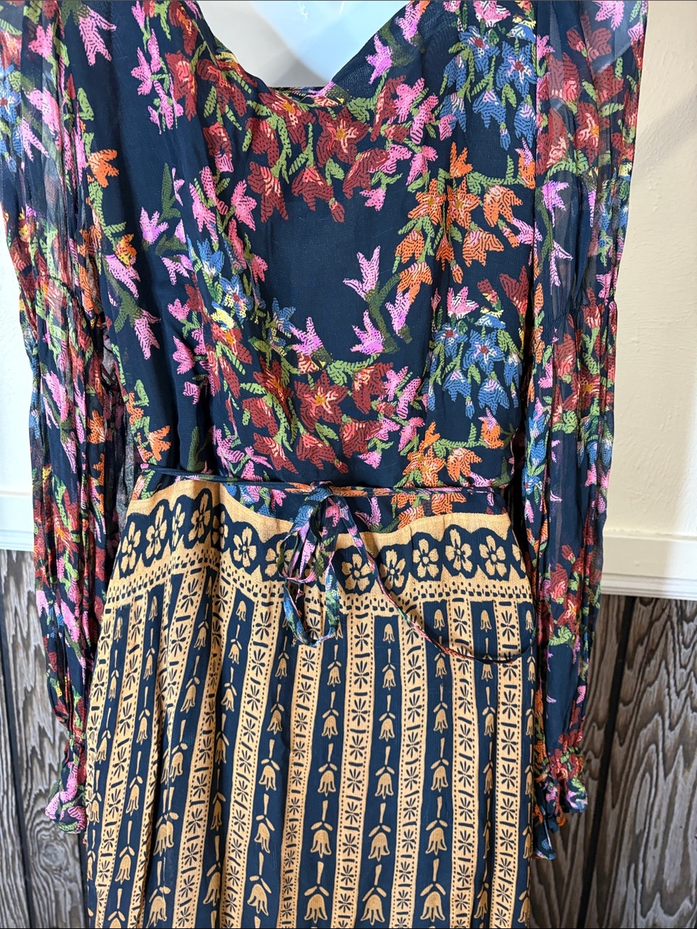 FARM Rio Black Maxi Dress with Mustard Panels and Pink, Orange Floral Print - Picture 4 of 7